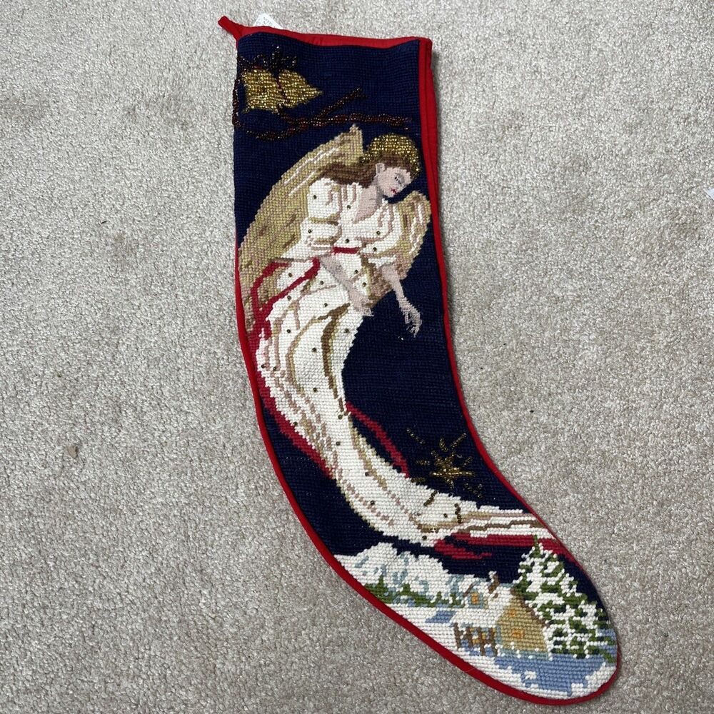 VTG 90s 20" Wool Needlepoint‎ Christmas Stocking Beaded Angel Handmade Navy Red